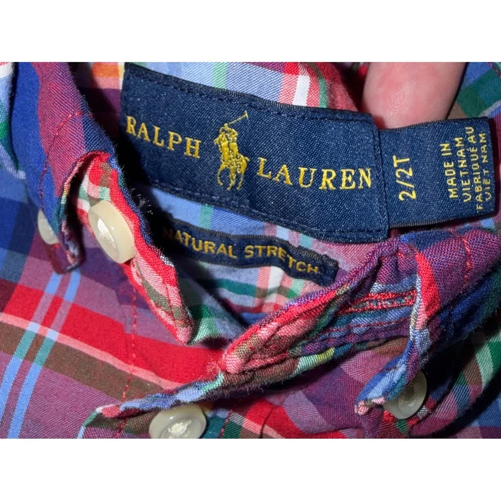 Ralph Lauren Boys 2/2T Button Down Shirt Red Blue Plaid Natural Stretch Long Sle